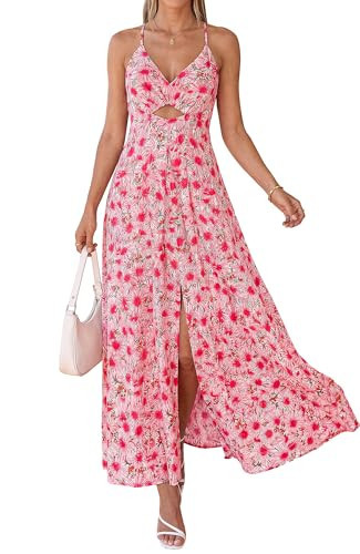BTFBM Summer Dresses for Women 2026 Spring Floral Spaghetti Strap Smocked Cutout Maxi Dress Resort Beach Vacation Outfit(Floral Red, Medium) | Amazon (US)