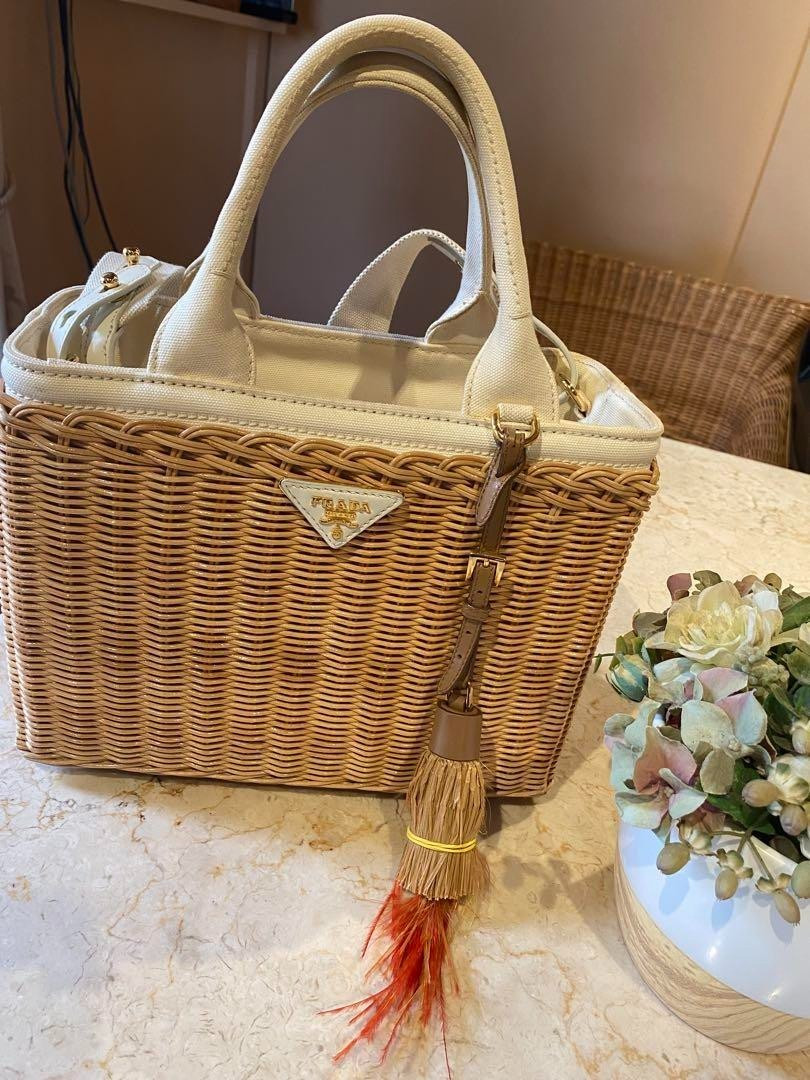 PRADA Rattan Basket Bag with Tassels Beige White Good Shoulder Square Handbag | eBay US