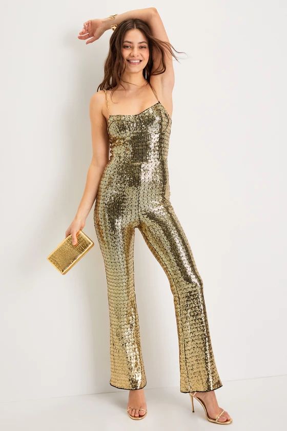 Sensational Glow Gold Sequin Chain Strap Bustier Jumpsuit | Lulus (US)