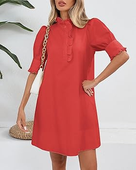 YEXPINE Women's Puff Short Sleeve Stand Ruffle Collar Summer Dress Casual A Line Shift Mini Dress... | Amazon (US)