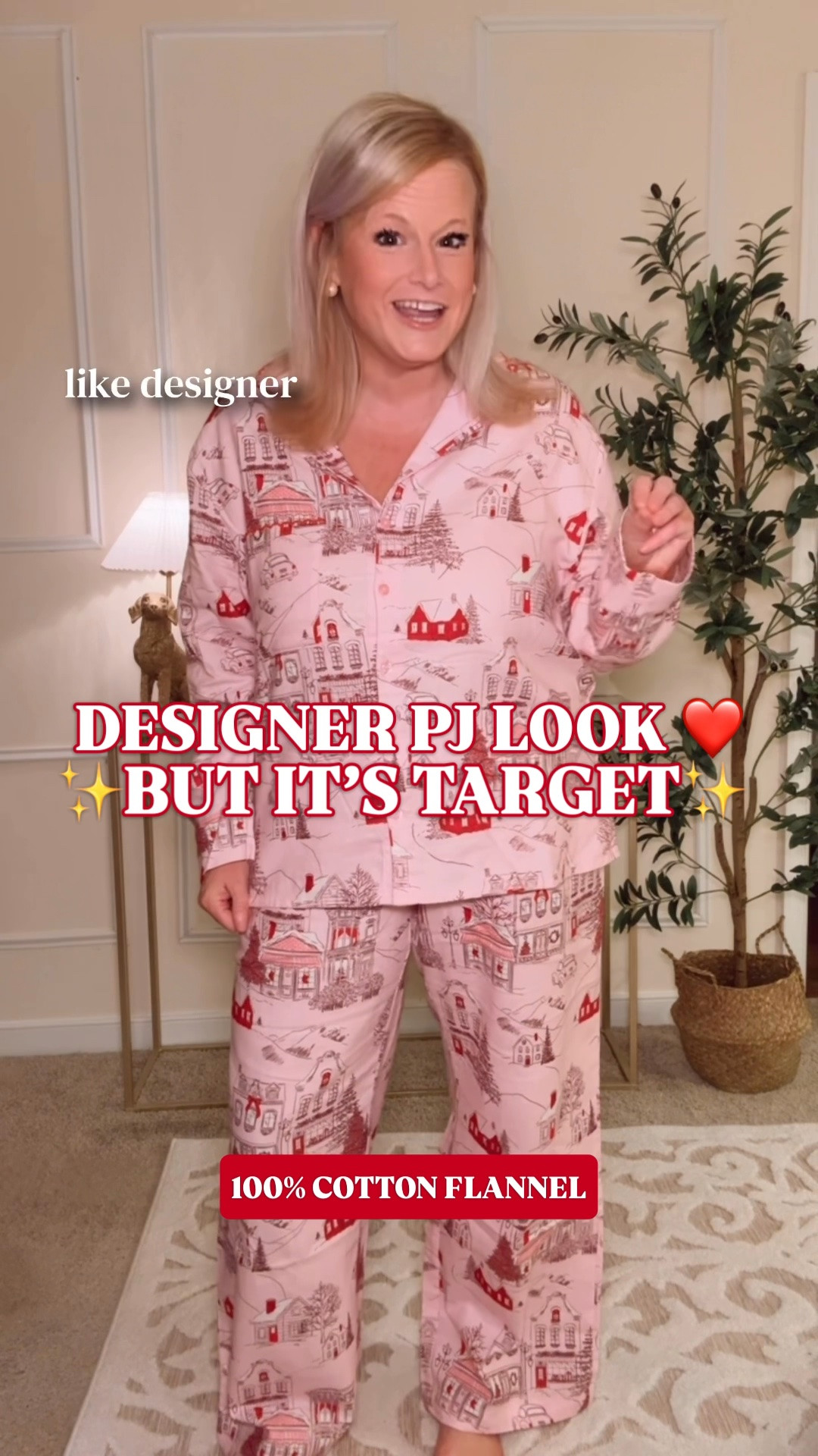 Katie Kime pajama look, Target price tag. I’ve been talking myself out of Katie Kime pajamas for YEARS, and Target just gave me that look for way less. These do not give big box retailer for a single second.

The winter village toile, coordinating piping and classic collared shirt are so pretty together. If you love colorful, preppy Christmas pajamas, this is exactly the designer sleepwear look I’ve wanted without spending designer pajama money.

And they’re 100% cotton flannel. Warm and cozy for winter nights, wrapping presents and staying in your pajamas through Christmas morning breakfast. The matching set includes a long sleeve button front shirt and full length pants with an elastic waistband and pockets.

I sized up to a large for a relaxed, easy, oversized fit. There’s also a cotton poplin option linked below if you prefer something lighter and more breathable.

These would make such a good holiday gift for someone who loves pretty pajamas, but I would absolutely get your own pair first. Wear them all season for holiday movie nights and weekend mornings, then have your Christmas morning outfit ready. Both cotton options are linked below.

Target Christmas pajamas women, Katie Kime pajamas look for less, Target holiday pajamas, 100% cotton Christmas pajamas, cotton flannel pajamas women, cotton poplin pajama set, holiday toile pajamas, Christmas village pajamas, pink Christmas pajamas, matching Christmas pajamas women, long sleeve pajama set, button front pajamas, pajamas with pockets, preppy pajamas, cozy winter pajamas, Christmas morning pajamas, holiday gifts for her, Target sleepwear, Target finds, Target style @Target

#LTKHoliday #LTKGiftGuide #TargetStyle #TargetFinds #ChristmasPajamas #HolidayPajamas #LookForLess #PreppyStyle #PJSet #PajamaSet

#LTKSeasonal #LTKKids #LTKHome