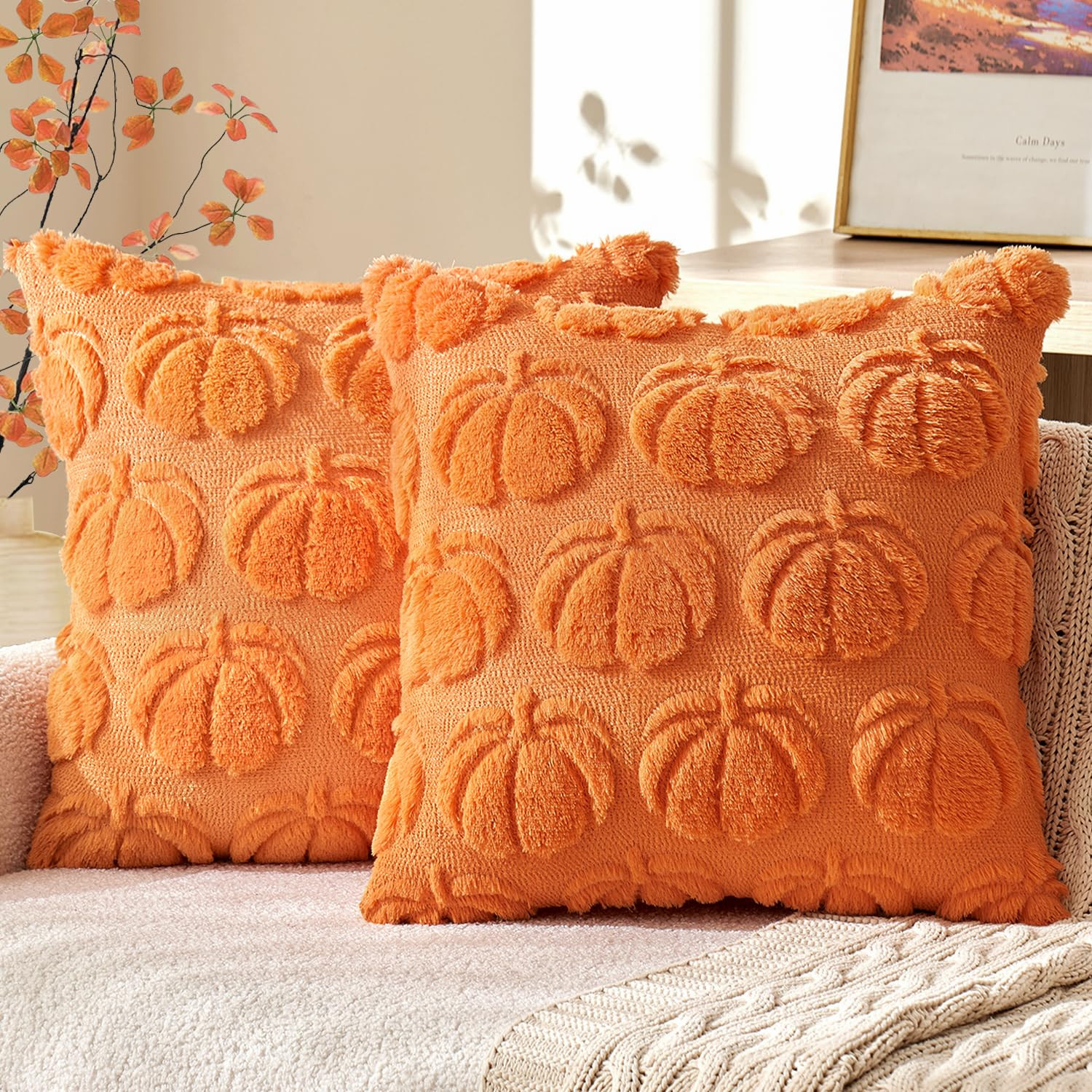 MIULEE Fall Throw Pillow Covers 18x18 Set of 2 Autumn Decorations Orange Pumpkin Accent Pillowcase for Outdoor Porch Sofa Couch Bed Living Room Plush Faux Fur Halloween Farmhouse Home Decor | Amazon (US)