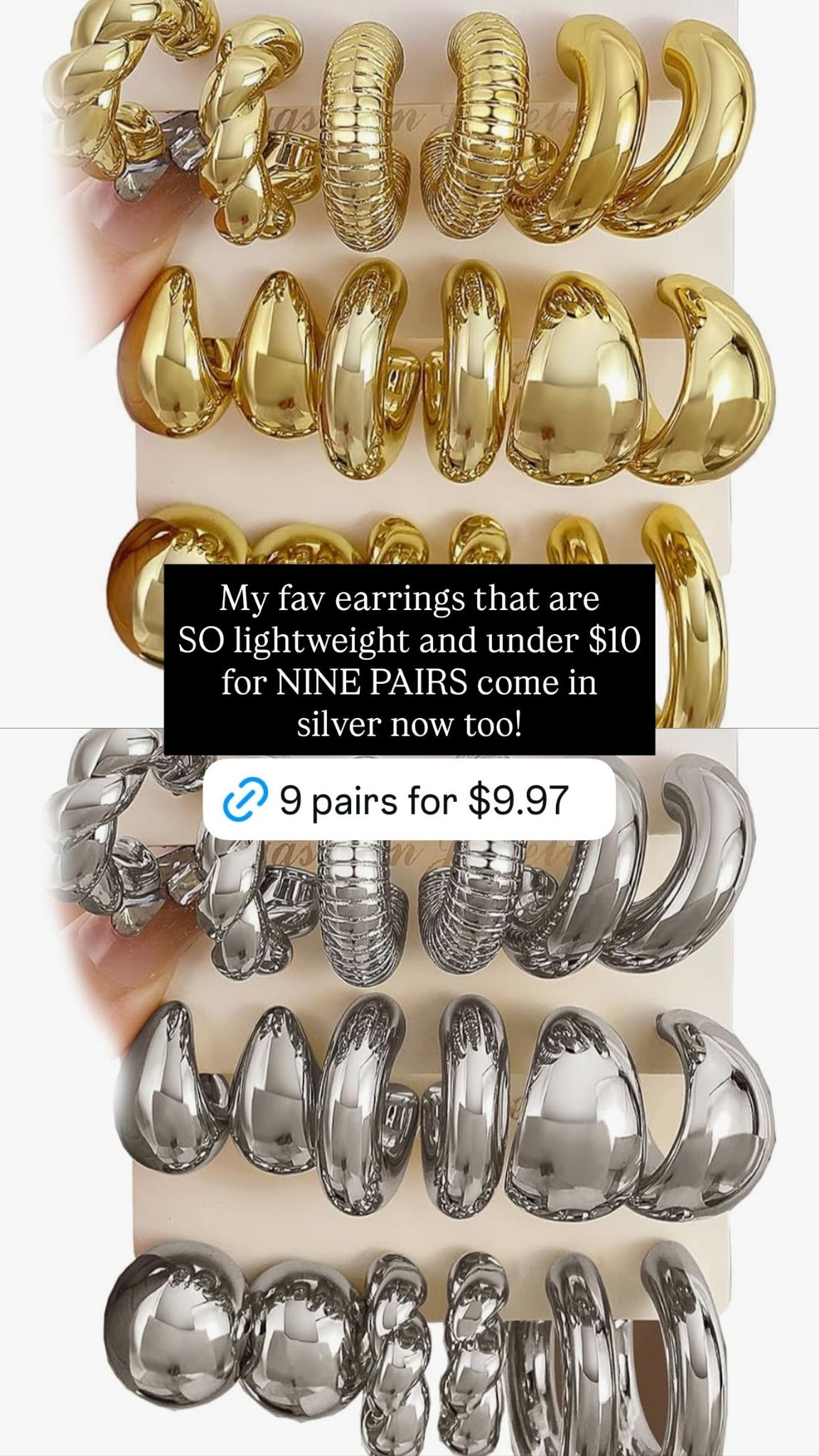 My fav earrings that are 
SO lightweight and under $10 for NINE PAIRS come in silver now too!