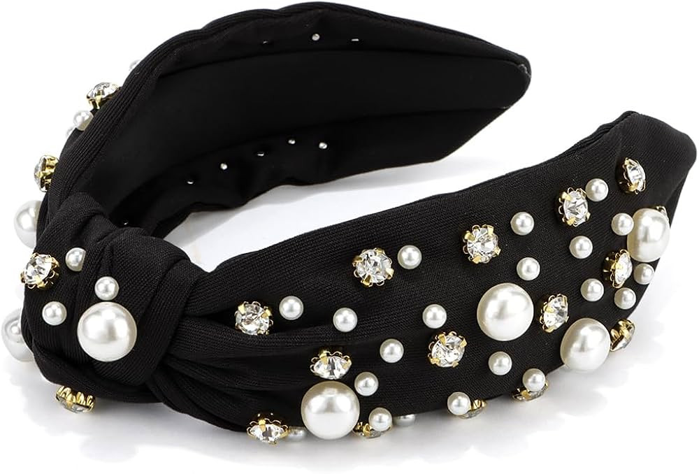 Black Wide Top Knot Headband with Pearl Rhinestone for Women's Hair Embellished Headbands Non Sli... | Amazon (US)