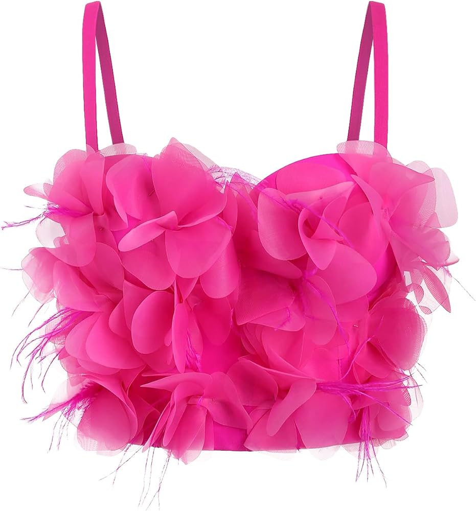 Women's 3D Floral Spaghetti Strap Party Concert Crop Top Cropped Slim Fit Cami Top Camisole | Amazon (US)