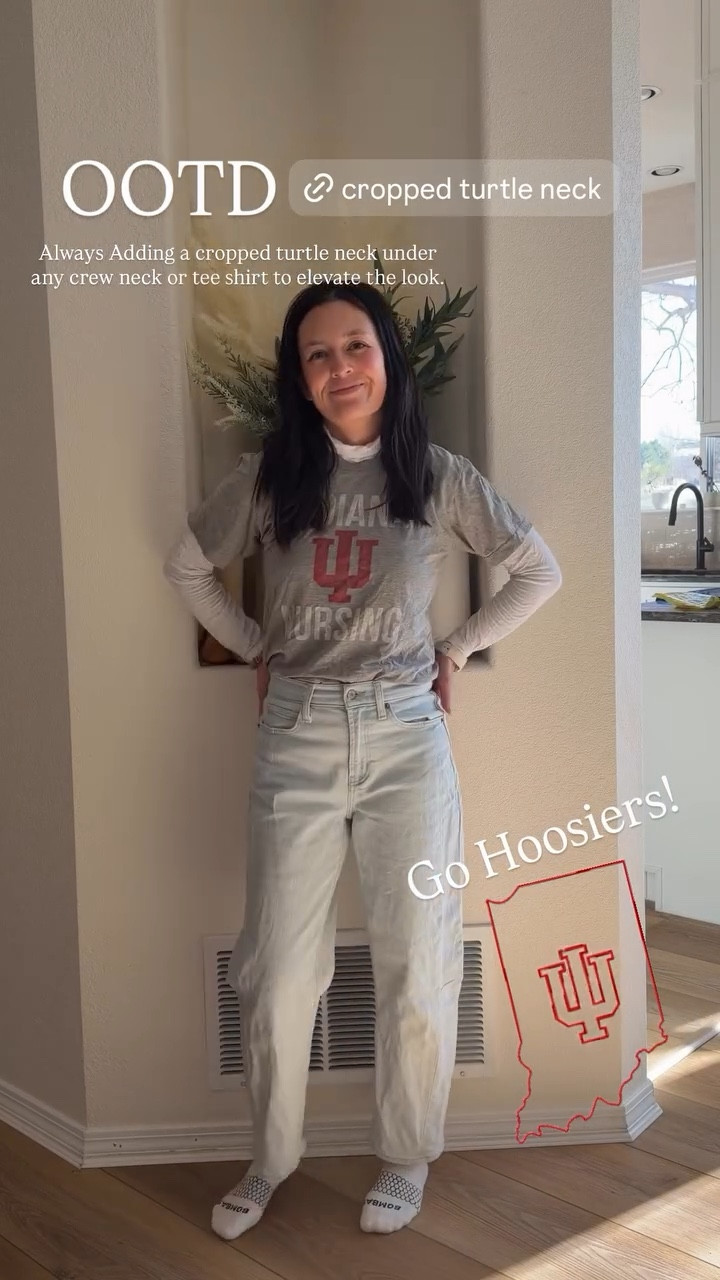 OOTD Always Adding a cropped turtle neck under any crew neck or tee shirt to elevate the look.  Go Hoosiers! Barrel jeans from old navy. Wearing a 26 short. 