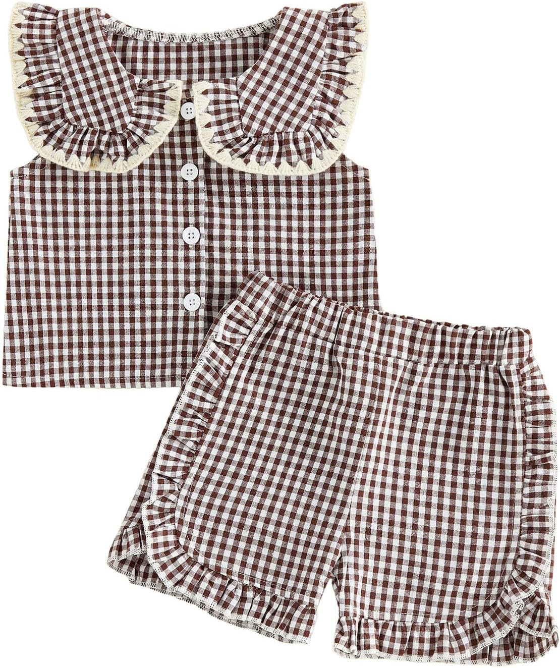 MA&BABY Toddler Girl Summer Outfits Plaid Bowknot Front Fly Sleeve T-shirt Tops Kids Girl Shorts Clothes Set | Amazon (US)