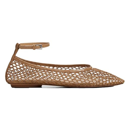 Molozoey Mesh Ankle Strap Flats for Women Round Toe Ballet Flats Shoes,Casual Mary Jane Flats Comfortable Daily Dress Shoes TAN | Amazon (US)