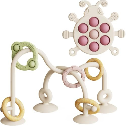 Baby Montessori Toy, High Chair Suction Cup Toy and Teething Toy Set - Table Toy & Pop-it Fidget Teether for 6+ Months 1 2 3 Years, BPA Free Silicone Sensory Toys for Baby and Toddler (Beige) | Amazon (US)