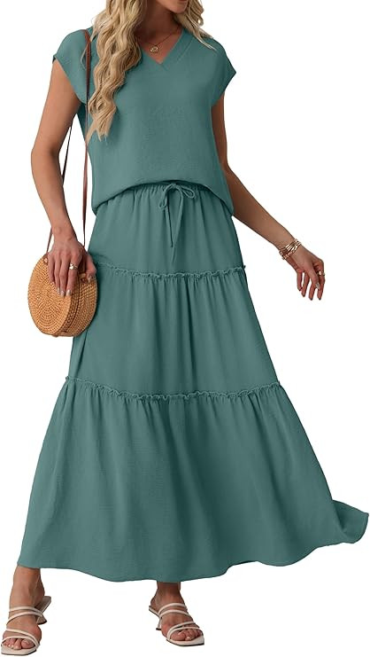 Lepunuo 2 Piece Skirt Sets for Women Flowy Maxi Skirts Cap Sleeve Tops Matching Sets Travel Vacat... | Amazon (US)