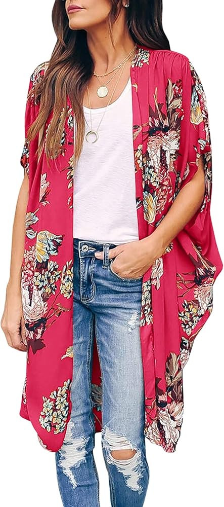 Ivay Womens Floral Kimono Duster Cardigans Short Sleeve Draped Oversized Beach Cover Up Cape | Amazon (US)