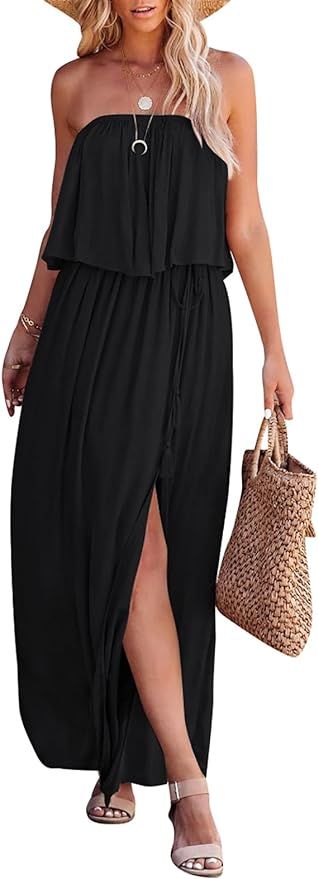 LEANI Women’s Summer Off Shoulder Ruffle Maxi Dress Strapless Split Long Party Beach Dress | Amazon (US)