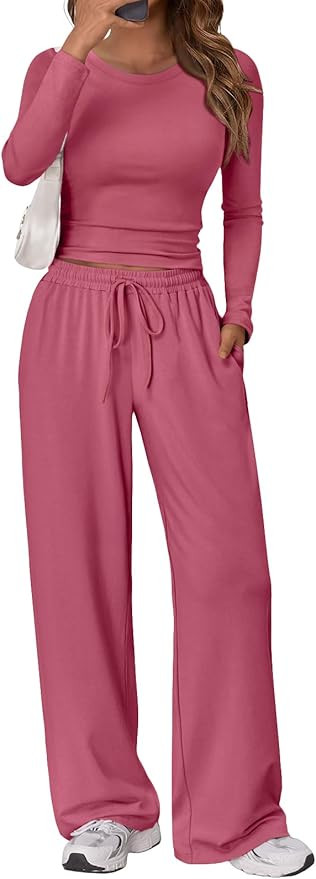 Trendy Queen Women's 2 Piece Matching Lounge Set Long Sleeve Slightly Crop Top Wide Leg Pants Cas... | Amazon (US)