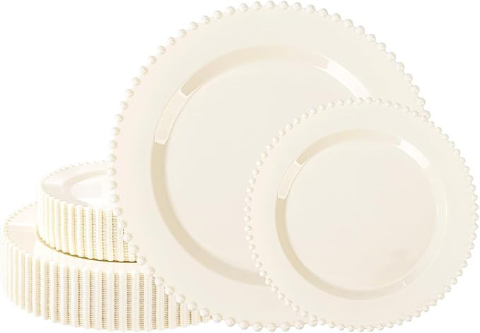 U-QE 60PCS Ivory Plastic Plates - Beaded Thanksgiving Plates Disposable Heavy Duty - Perfect for ... | Amazon (US)