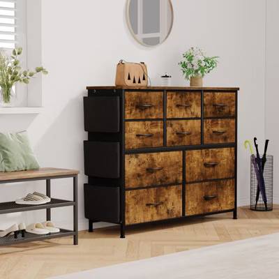 10 Drawer Dresser Chest of Drawers,  Fabric Storage Organizer Drawers, with Side Pockets & Hooks for for Bedroom Living Room Entryway, Brown | Target