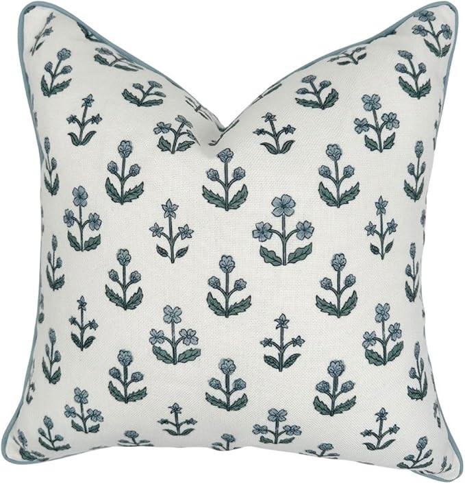 "The Beau Blockprint Pillow Cover 20" x 20" Blue and White Grandmillennial Pillow Cover | Amazon (US)