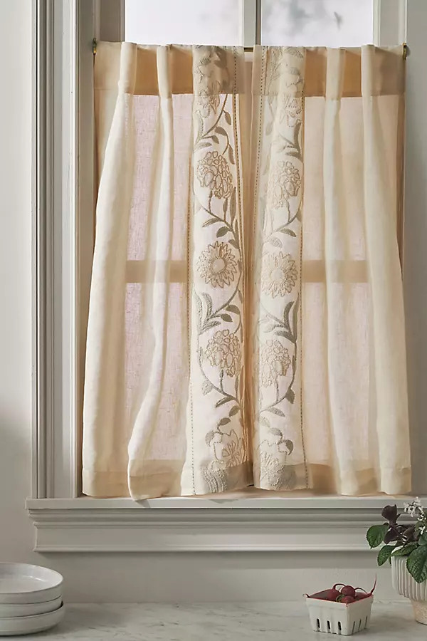 Embroidered Manette Cotton Linen Sheer Café Curtains, Set of 2 | Anthropologie (US)