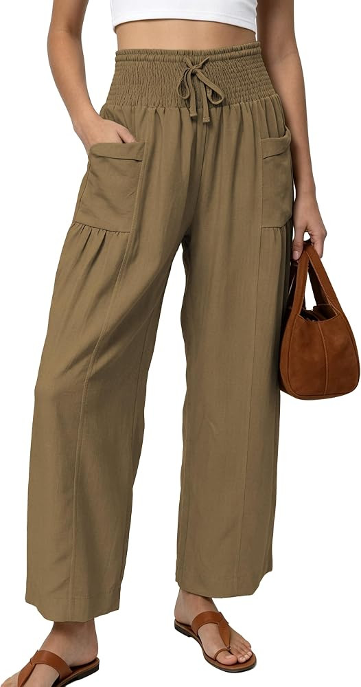 Women Linen Cotton Wide Leg Pants for Women High Waist Relaxed Casual Flowy Trousers Pockets Trav... | Amazon (US)