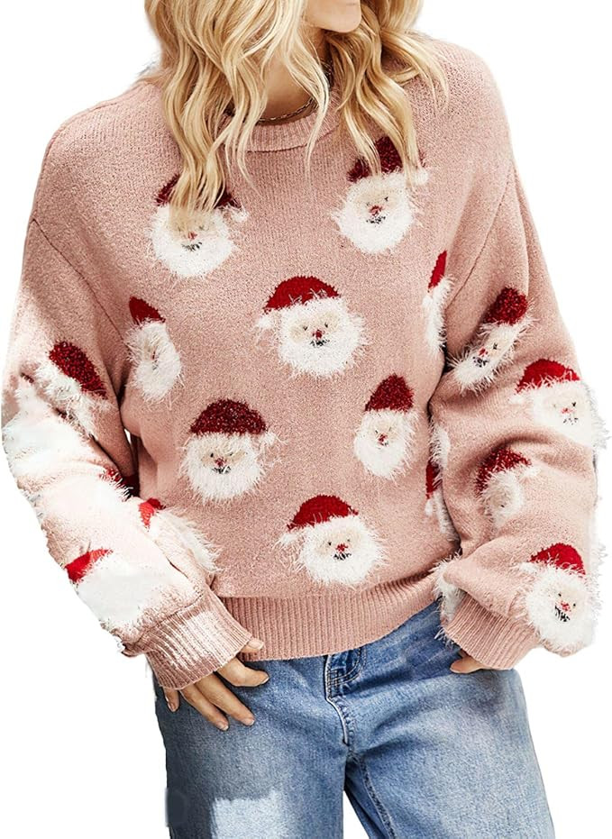 TIAFORD Women's Ugly Christmas Sweater Cute Santa Crewneck Pullover Casual Long Sleeve Knit Tops ... | Amazon (US)