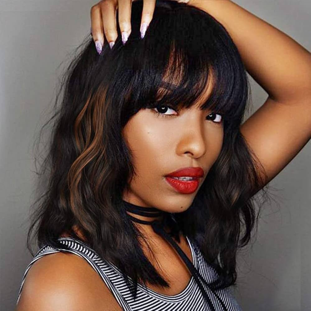 Black Mixed Brown Wig for Black Women Short Wavy Curly Bob Wig with Bangs | Amazon (US)