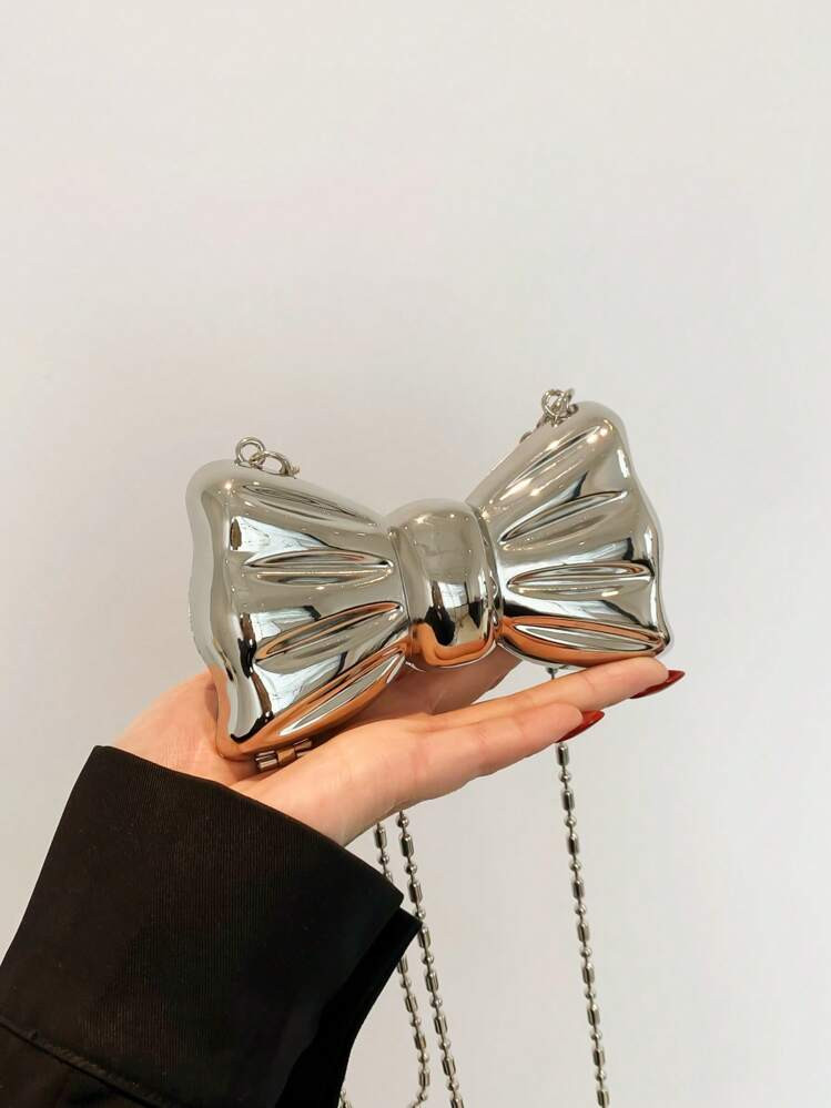 Zinc Alloy Metal Bowknot Mini Clutch Bag, Women's Fashionable Personality Chain Lipstick Bag, Suitable For Valentine's Day, Party, Date, Shoulder Strap Crossbody, Coin Purse, Essential Wedding Items,Perfectly Matching With Graduation Dress, Prom Dresses | SHEIN