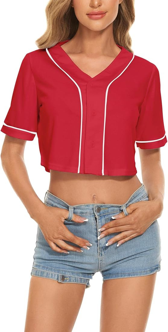 Mowbeat Womens Baseball Jersey Button Down T-Shirts Short Sleeve V-Neck Crop Top Blouse Softball ... | Amazon (US)