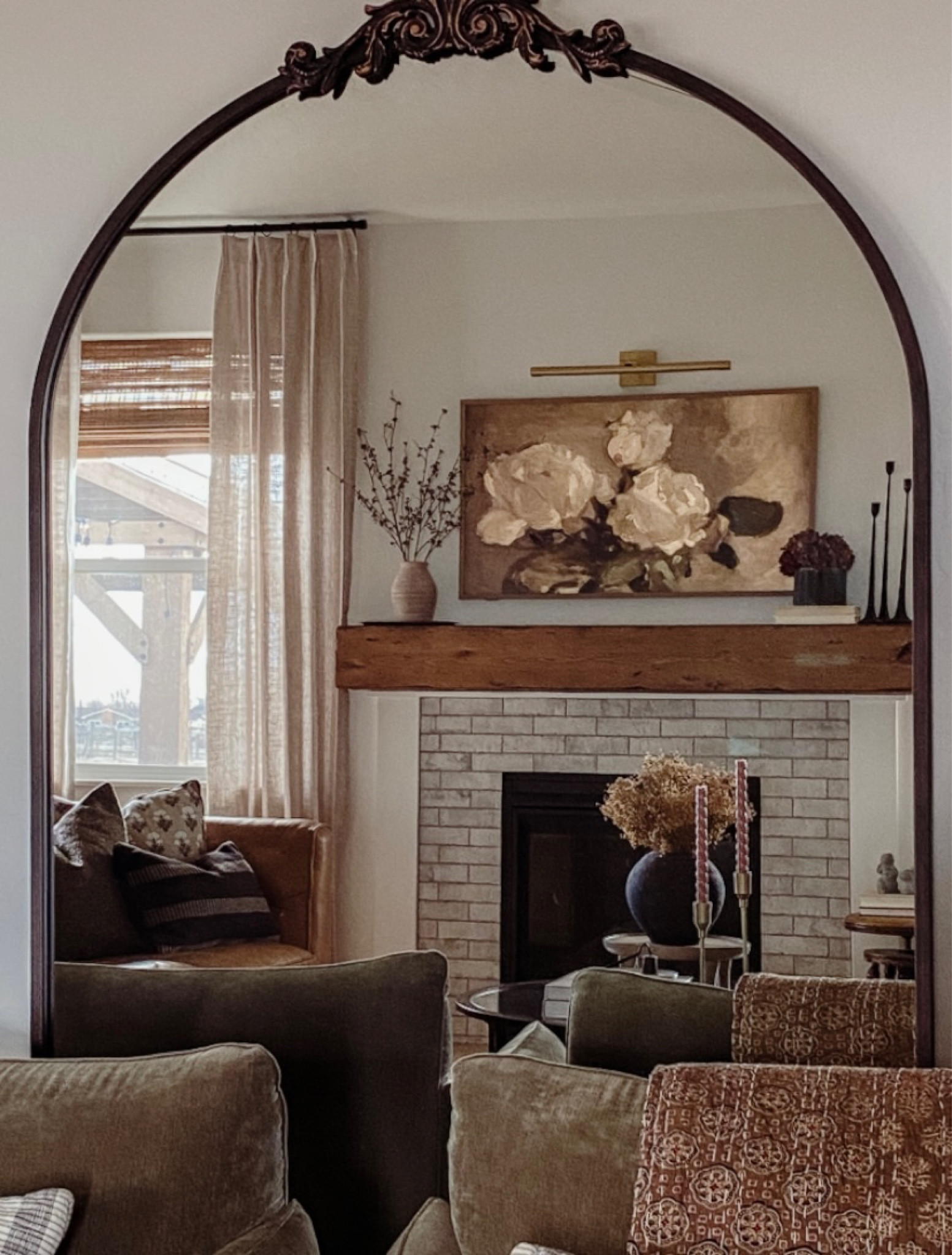 Living room inspo, custom curtains, pinch pleat curtains, floor to ceiling curtains, neutral sofa, beige sofa, west elm penn chair, green accent chair, vintage pillows, Turkish pillows, boucle pillow, shady lady tree, faux tree, greenery, Walmart floor lamp, rattan floor lamp, round coffee table, wall sconce, tapered candle holder, leather sofa, shady lady tree, loloi Sinclair rug, throw pillows, floor length mirror, arch mirror, Samsung art TV

#LTKhome #LTKstyletip #LTKFind