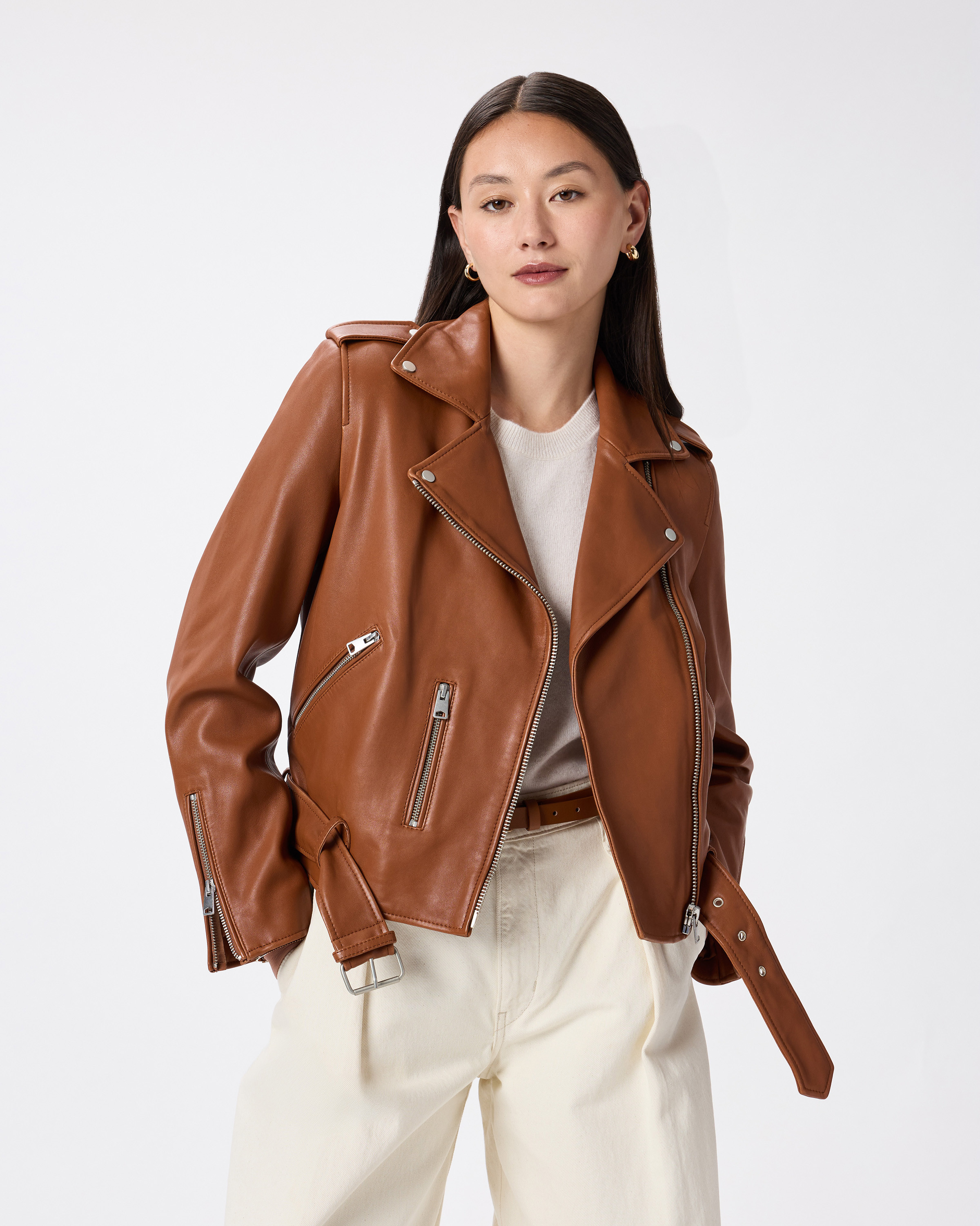 Quince | Women's Motorcycle Jacket in Dark Cognac Brown, Size XS, Leather | Quince