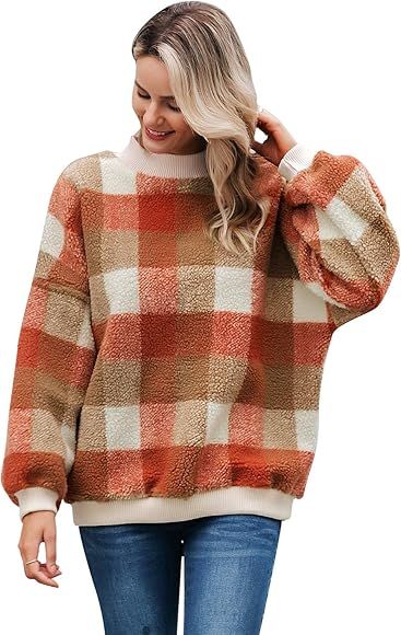 Simplee Women's Long Sleeve Crew Neck Fleece Sherpa Pullover Sweatshirts Tops | Amazon (US)