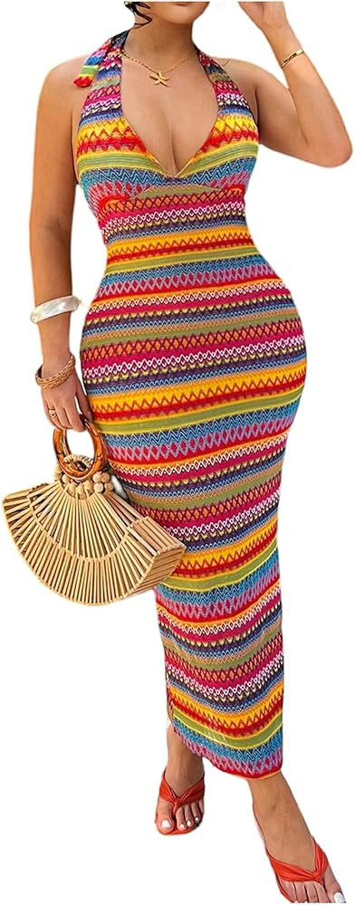 Verdusa Women's Boho Striped Geo Knit Dress Vacation Tie Back Maxi Halter Dresses Brunch Outfits | Amazon (US)