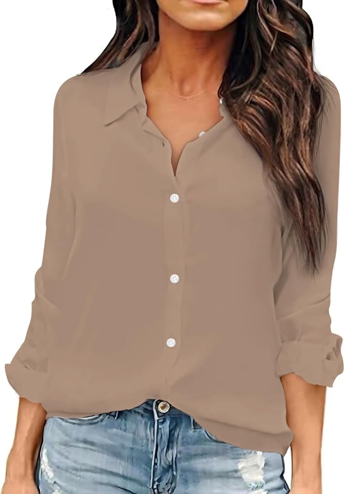 OMSJ Women Button Down Shirts Long Sleeve Chiffon Office V Neck Casual Business Blouses Tops | Amazon (US)
