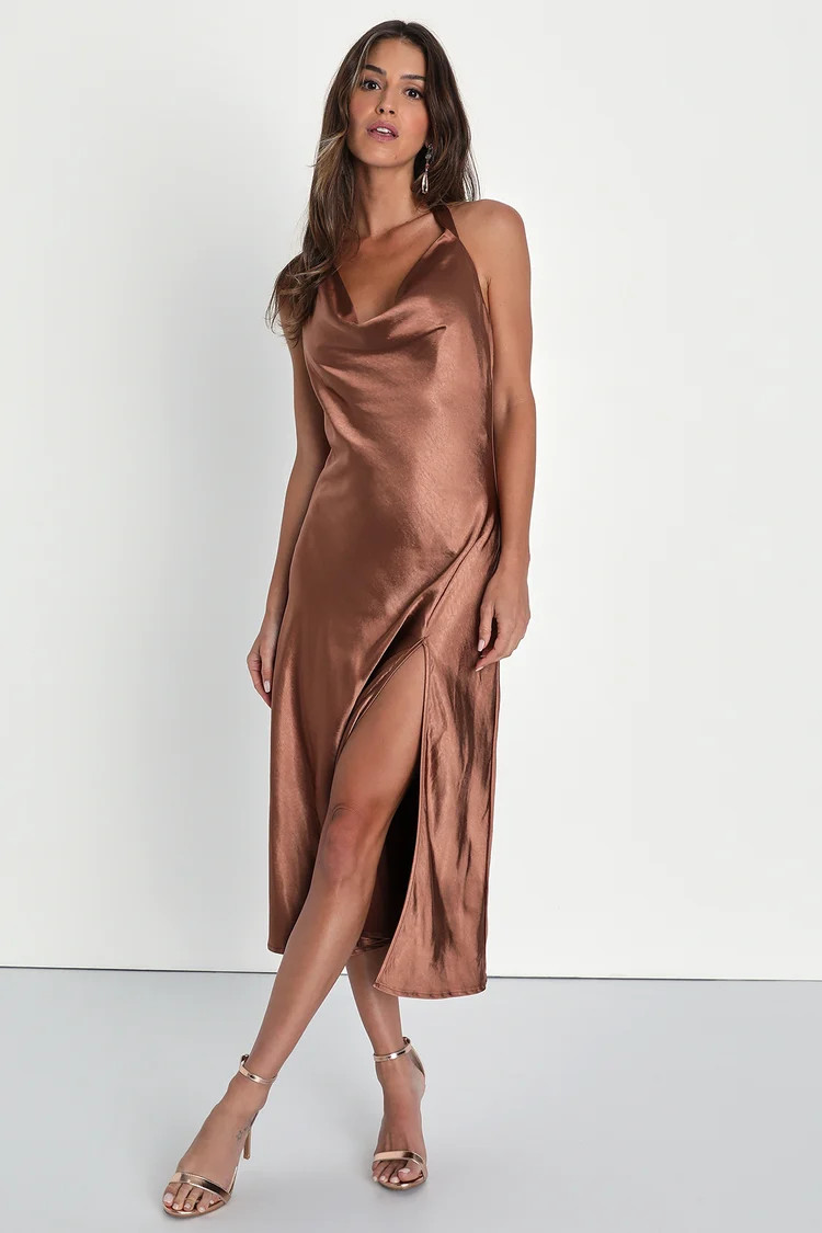 Sophisticated Impression Brown Satin Backless Cowl Midi Dress | Lulus