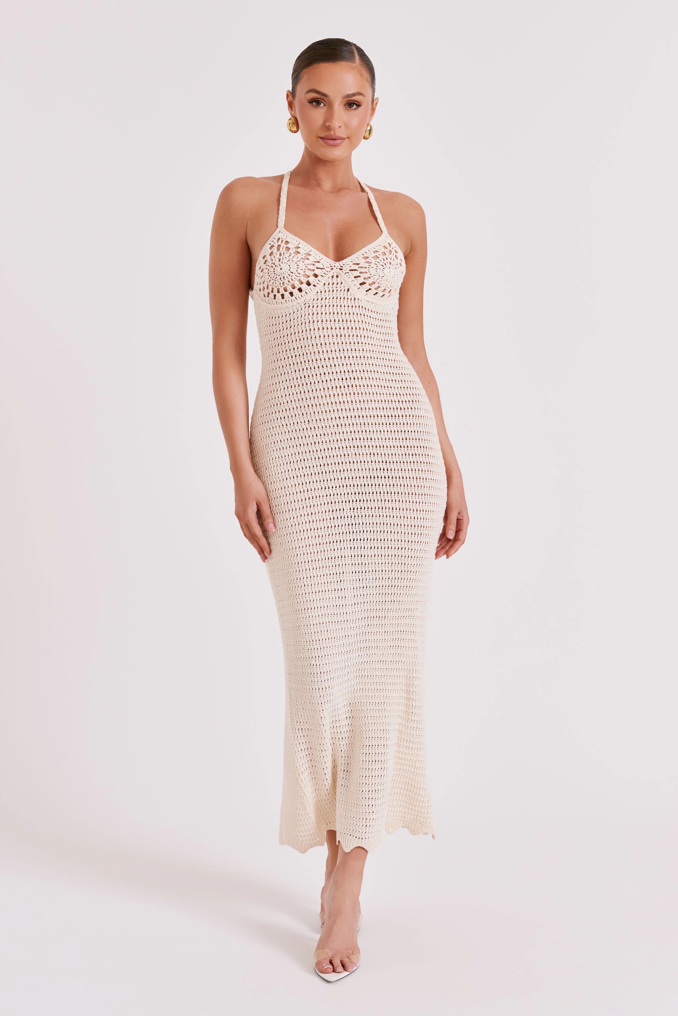 Monica Crochet Knit Maxi Dress - Ivory | MESHKI US