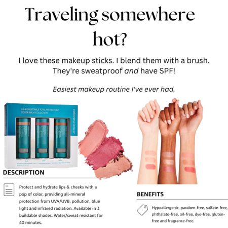 Here’s why I like it:
-No wasted time while traveling. This routine has everything!
-Takes up very little room in your bag
-SPF because we love sun protection.
-It’s gorgeous on…which, I mean, we want that in makeup, yes? -Easily bendable with a brush (linked below)
-FAST routine

Also linked a wonderful spf BB/CC cream by the same company. I use “medium” in the summer months when I have more of a tan. 

#LTKeurope #LTKsalealert #LTKstyletip