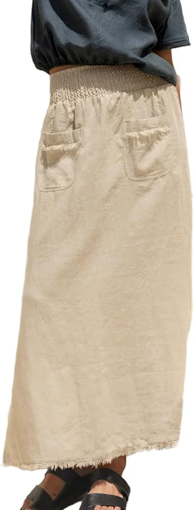 Songling Women Linen Maxi Skirt A-Line Elastic Waisted Long Skirt Casual Side Slit Skirts with Po... | Amazon (US)