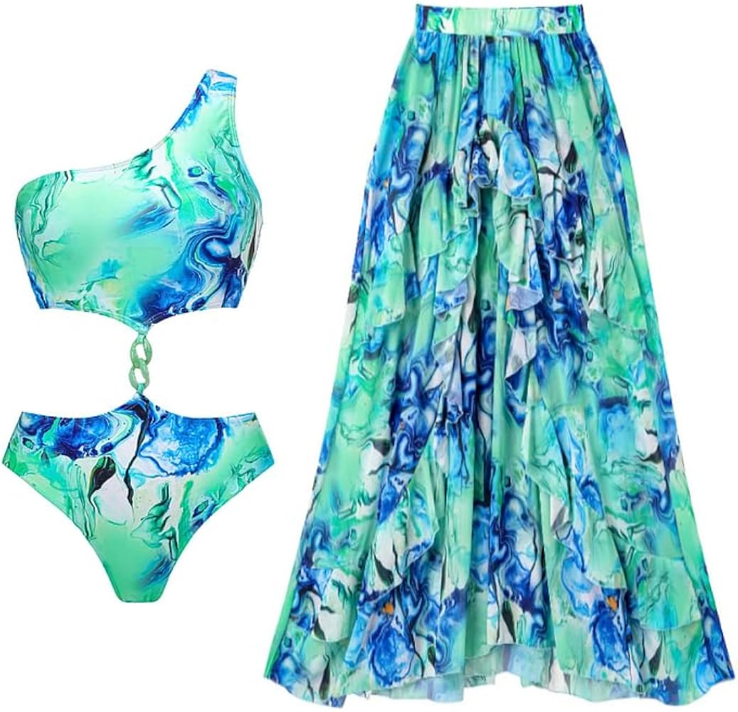 FLAXMAKER Shoulder Three-Dimensional Ruffles Colorful Flower Print Women's One Piece Swimsuit and... | Amazon (US)