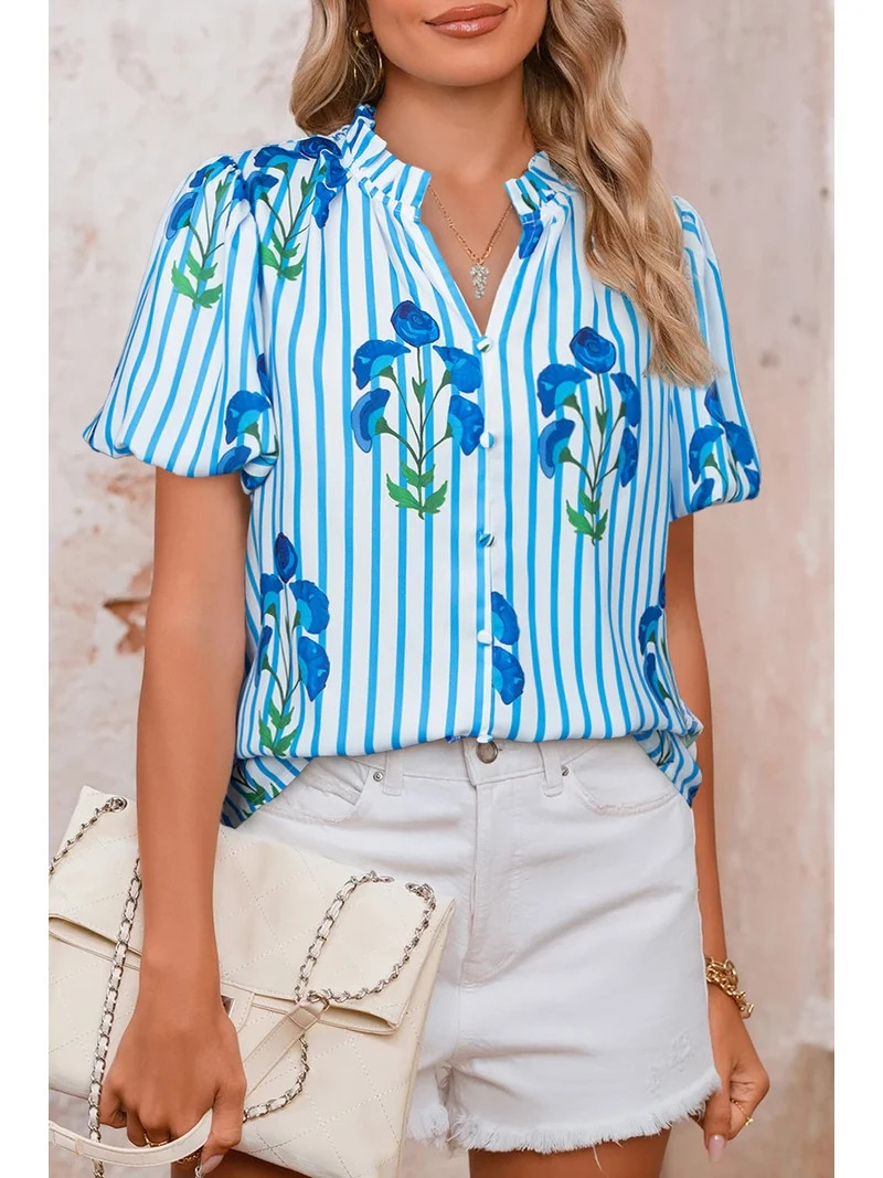 Sky Blue Stripe Floral Buttoned Frilly Notched Neck Puff Sleeve Summer Blouse | Walmart (US)