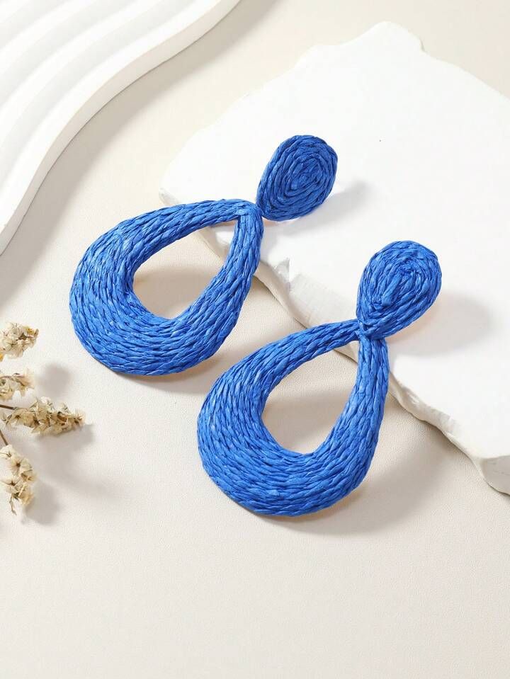 1pair Bohemian Style Resort Stylish Dangle Earrings Of Khaki & Blue Woven With Raffia & Paste, Su... | SHEIN