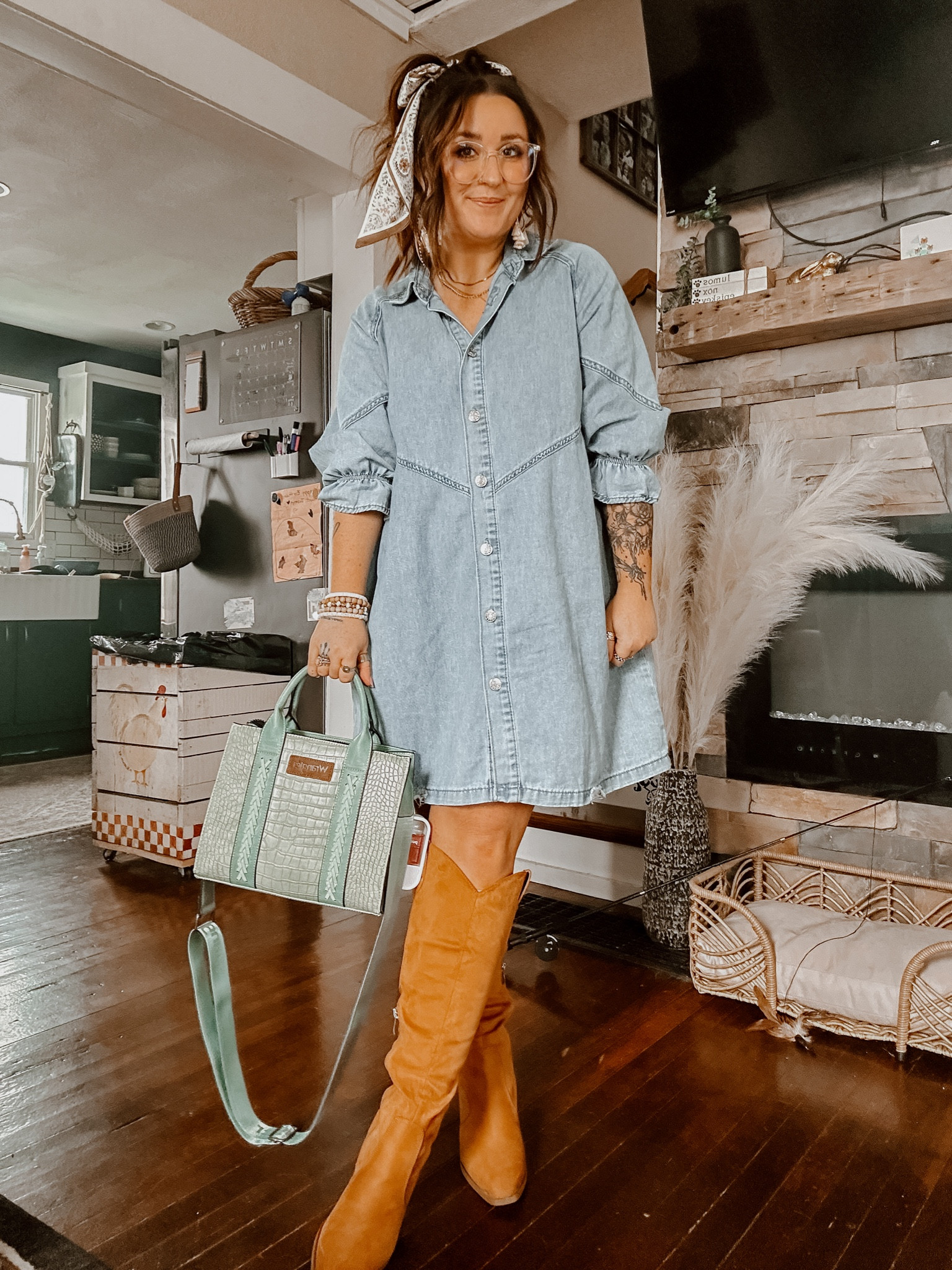 Boho western Easter outfit! Denim dress outfit! 