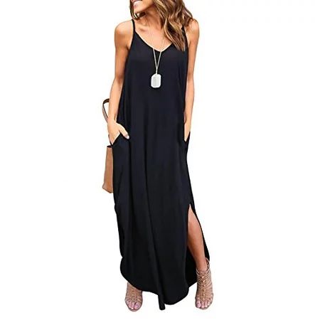 HUSKARY Women s Summer Casual Sleeveless V Neck Strappy Split Loose Dress Beach | Walmart (US)