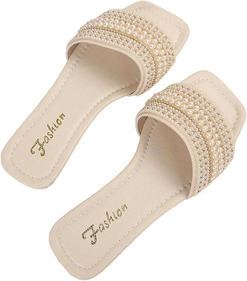 Verdusa Women's Boho Pearls Flat Sandals Beach Vacation Square Open Toe Slip on Slides | Amazon (US)