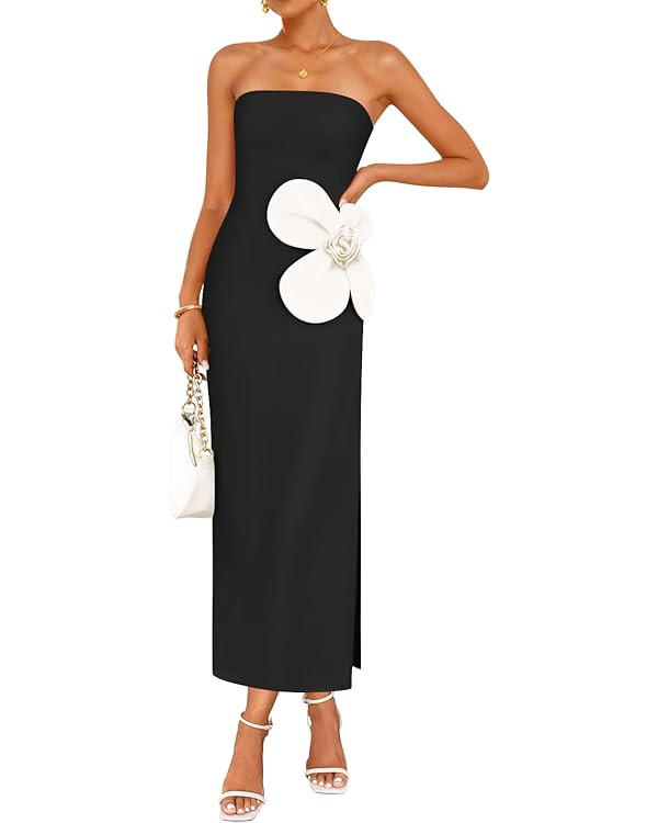 ZESICA Women's Summer Strapless Bodycon Maxi Dress 2025 Ribbed Knit Backless Floral Tube Cocktail... | Amazon (US)