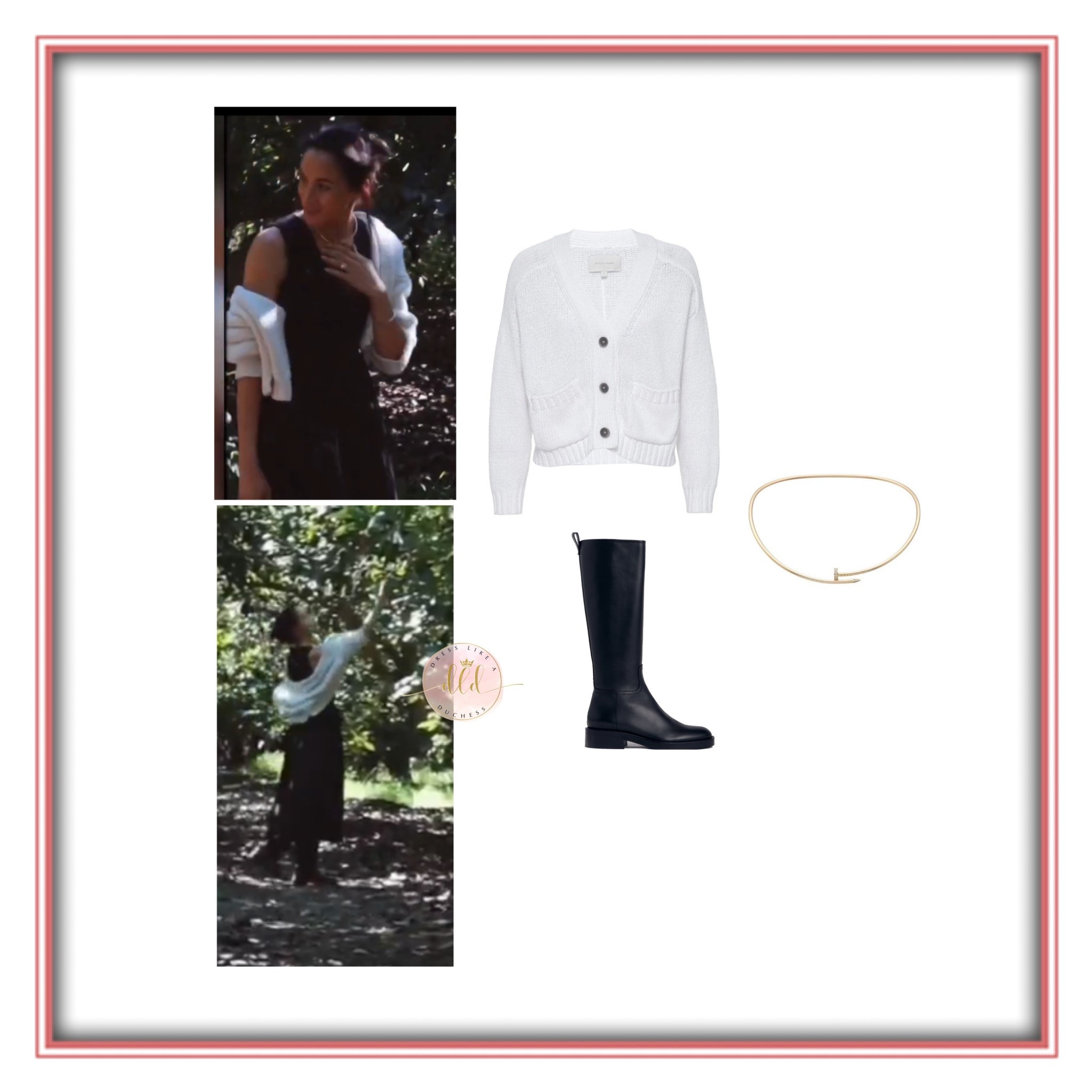 10/23/25 Meghan Markle wearing Brochu Walker ‘Asher’ cardigan (updated) + possibly her Co riding boots + Cartier collar necklace for As Ever announcement 