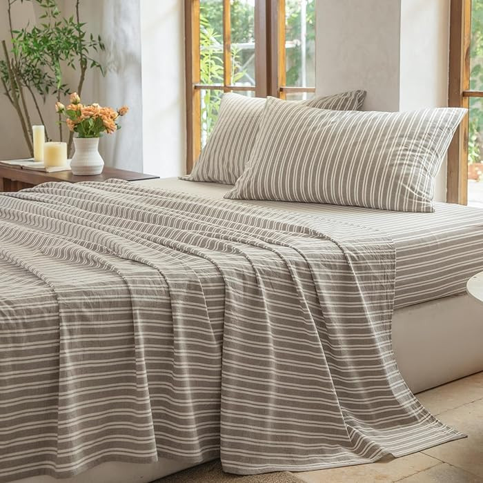 BESTDESIL Striped Bedding Sheet Set 4 Pcs,100% Washed Cotton Linen Like,1 Fitted Sheet,1 Flat She... | Amazon (CA)