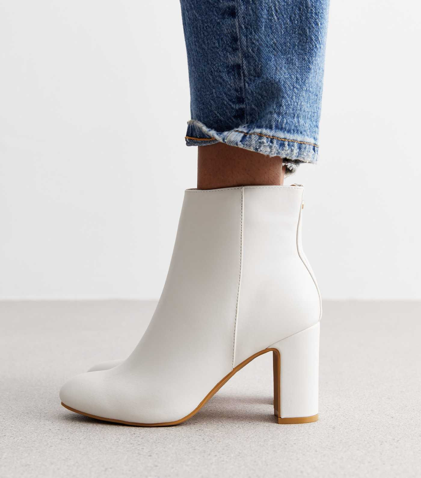 Off White Leather-Look Block Heel Ankle Boots | New Look | New Look (UK)