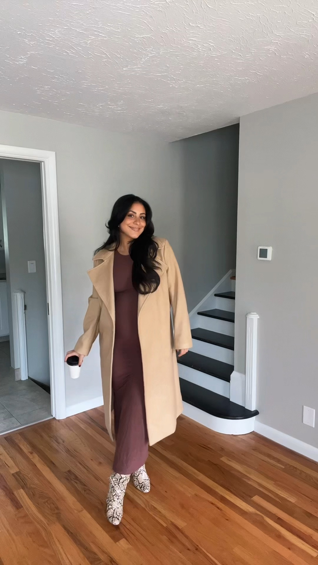 Dress- medium 
Coat- medium
Shoe- 8 (mine are like 8 years old and these are the newer revision) 