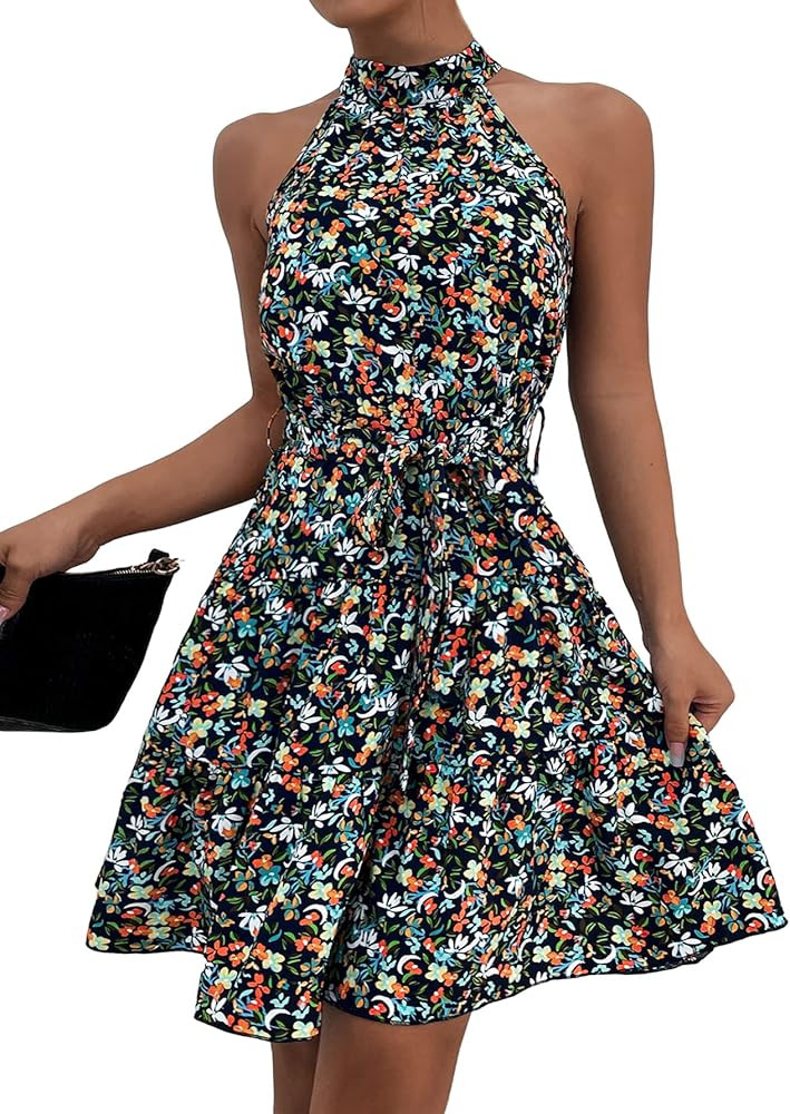 WDIRARA Women's Boho Floral Print Ruffle Hem A Line Sleeveless Halter Belted Short Dress | Amazon (US)