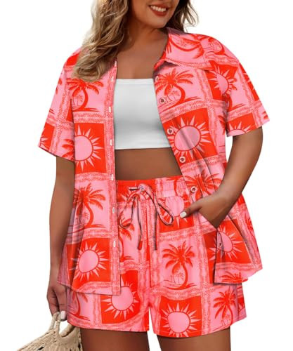 CARCOS Summer Plus Size 2 Piece Outfits for Curvy Women Pink Vacation Top and Shorts Set Coconut Tree Button Down Tracksuit Casual Loose Fit Outfits Sets Hawaiian Beach Cover Up 4XL 24W 26W | Amazon (US)