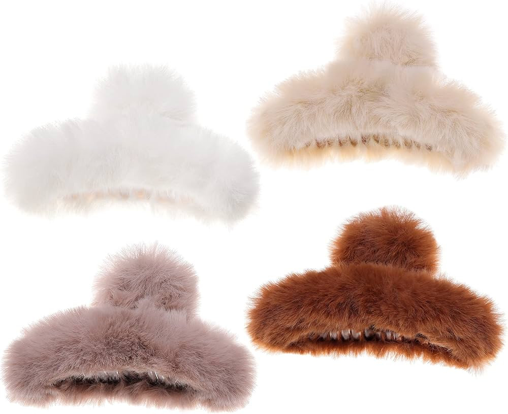 Tinblin 4pcs Faux Fur Hair Clips for Winter, 5.5 Inches Large Fuzzy Claw Clip for Thick Thin Hair... | Amazon (US)