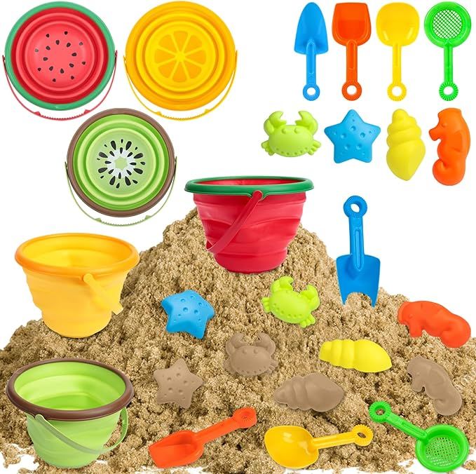 ThinkMax Beach Toys Sand Toys Set for Kids, with 3 Foldable Beach Bucket, Marine Organism Sand Mo... | Amazon (US)